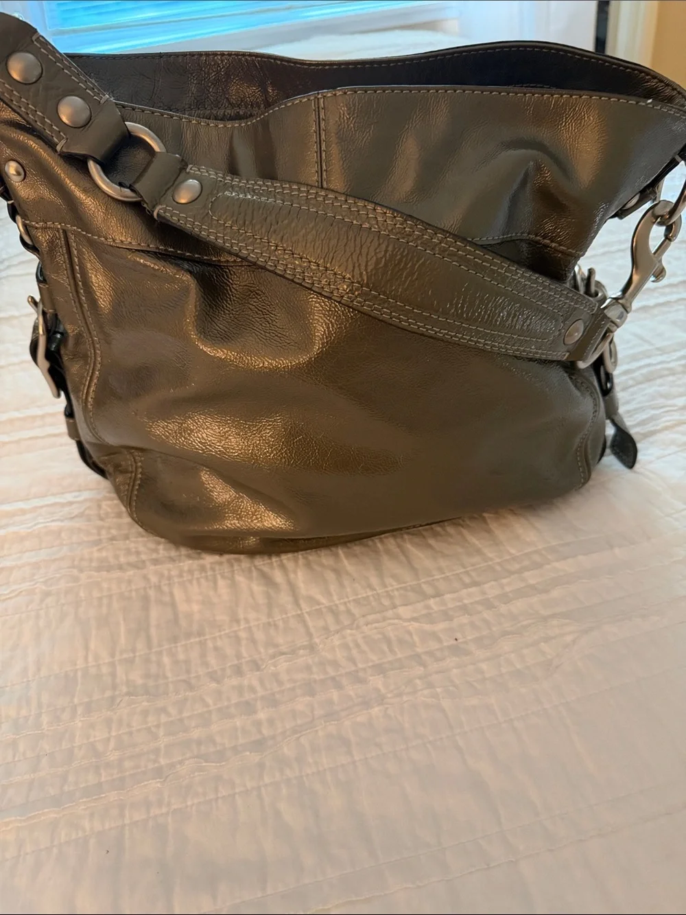 Coach Zoe Olive Green Leather Shoulder Bag with Silver Hardware